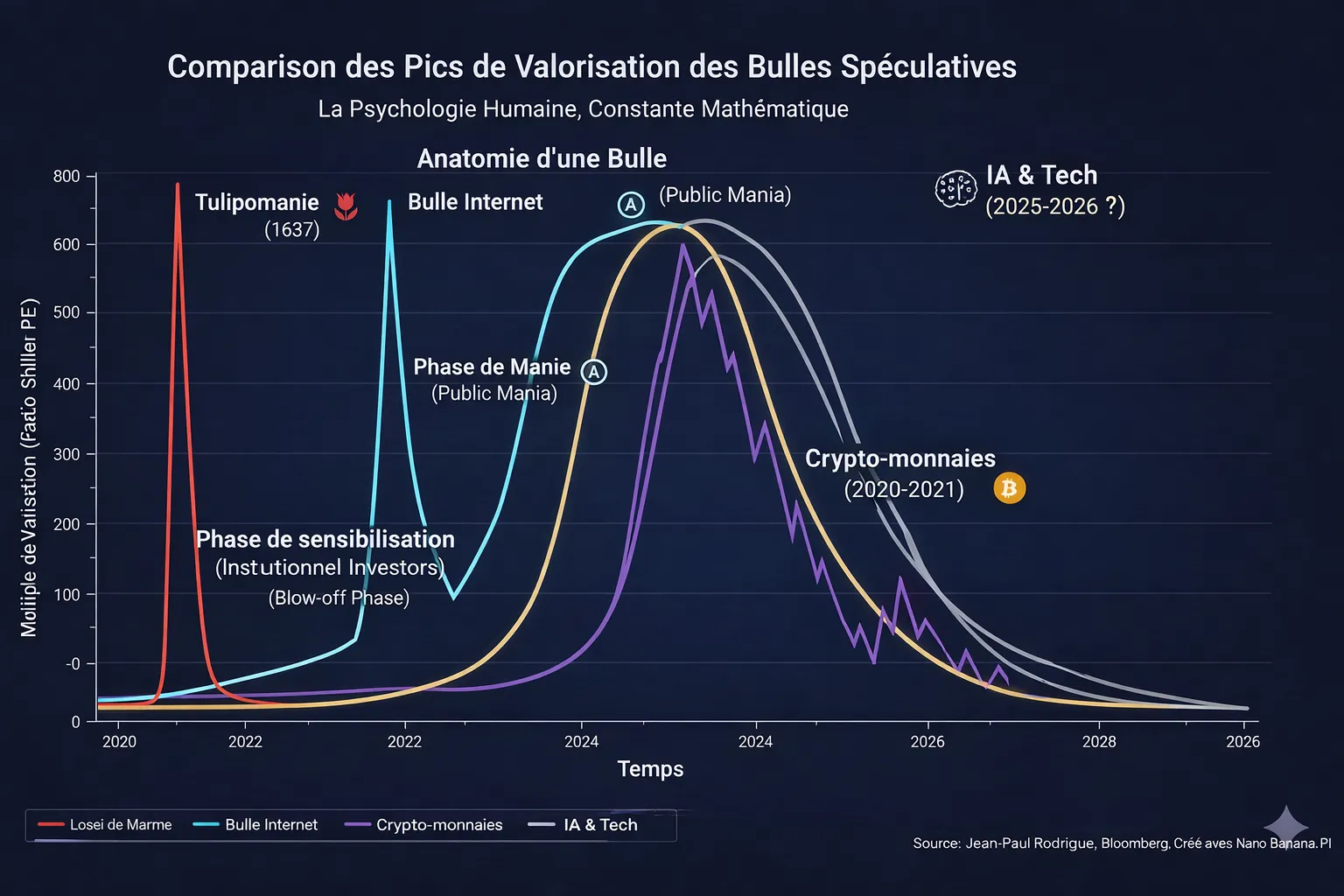 Comparaison des pics de valorisation des principales bulles spéculatives de l'histoire