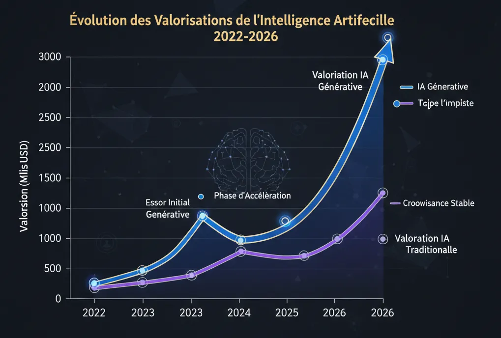 Graphique montrant l'évolution des valorisations IA de 2022 à 2026