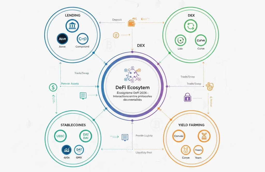 Schéma de l'écosystème DeFi montrant les interactions entre les différents protocoles décentralisés