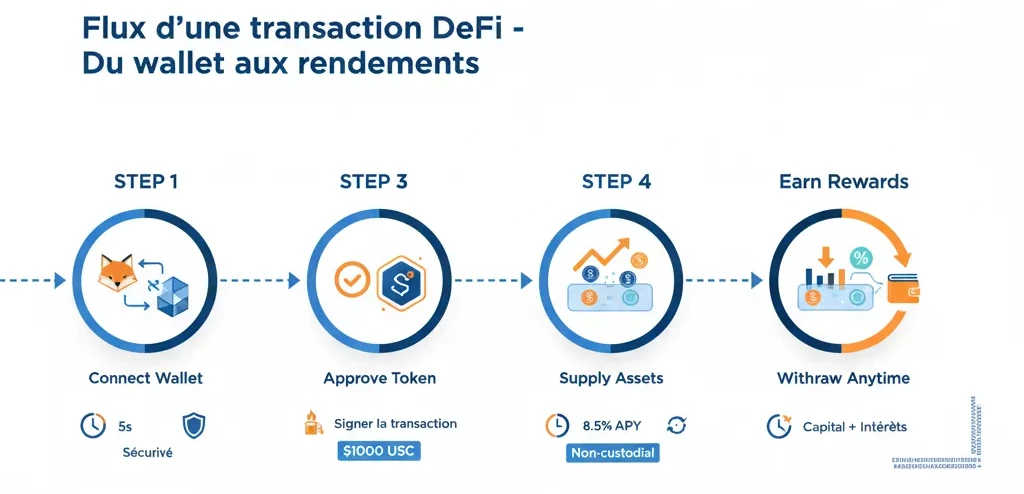 Infographie montrant le flux d'une transaction DeFi étape par étape : connexion wallet, approbation, approvisionnement, gains et retrait